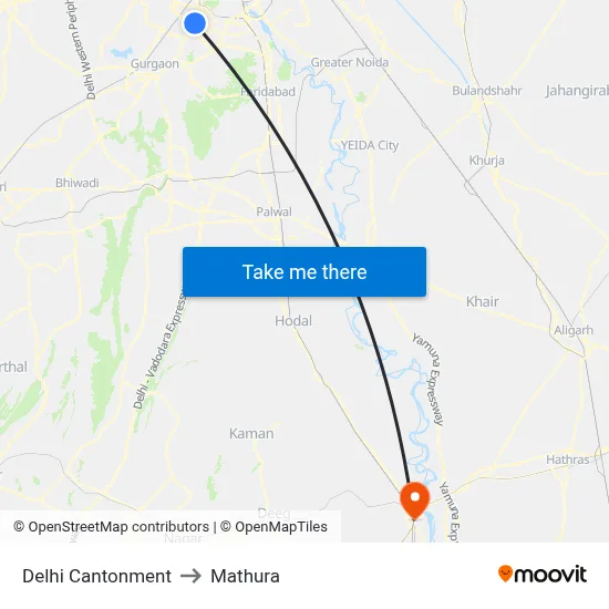Delhi Cantonment to Mathura map