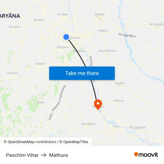 Paschim Vihar to Mathura map