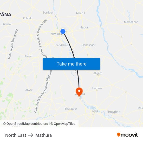 North East to Mathura map