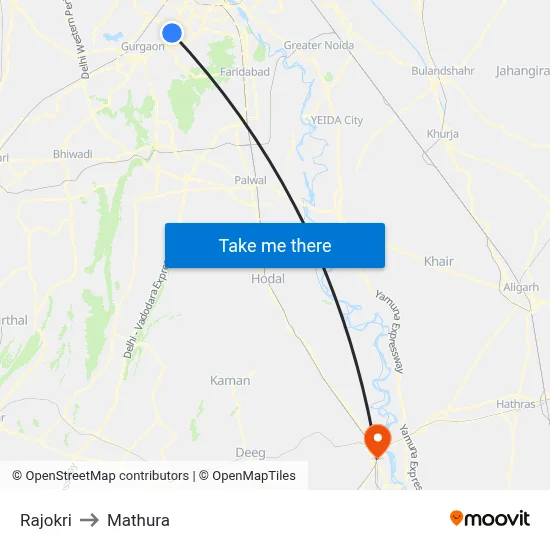 Rajokri to Mathura map