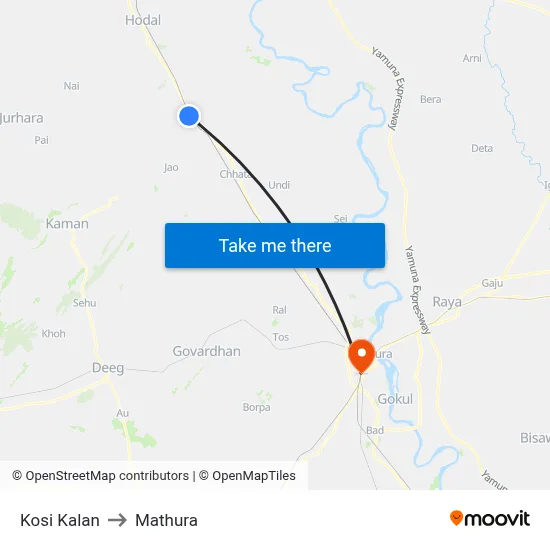 Kosi Kalan to Mathura map