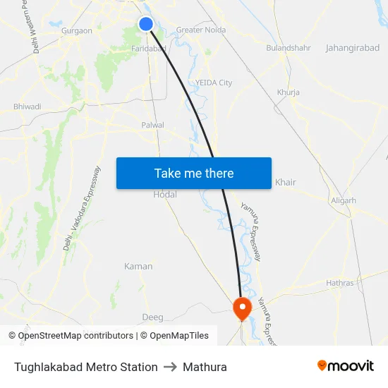 Tughlakabad Metro Station to Mathura map