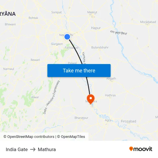 इंडिया गेट to मथुरा map
