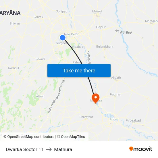 Dwarka Sector 11 to Mathura map