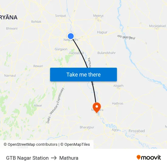 GTB Nagar Station to Mathura map