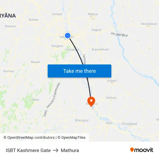 ISBT Kashmere Gate to Mathura map