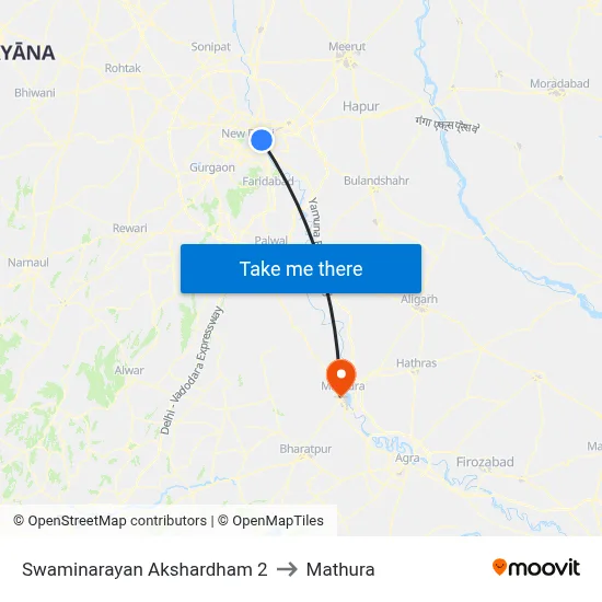 Swaminarayan Akshardham 2 to Mathura map