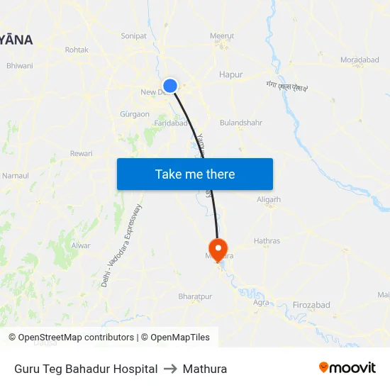 Guru Teg Bahadur Hospital to Mathura map