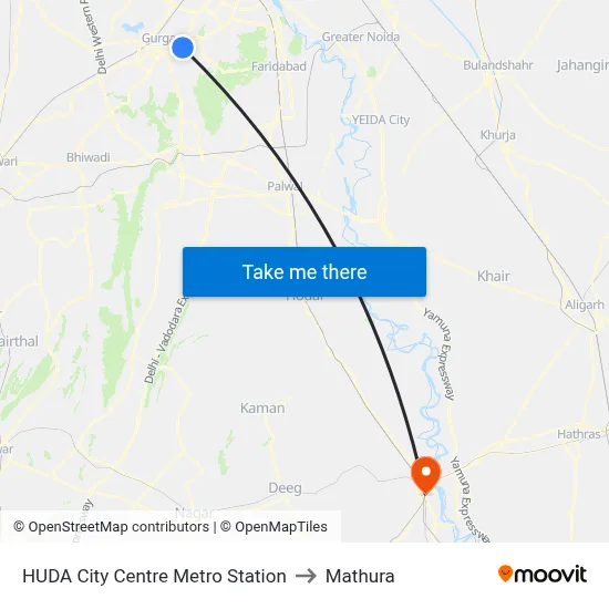 HUDA City Centre Metro Station to Mathura map