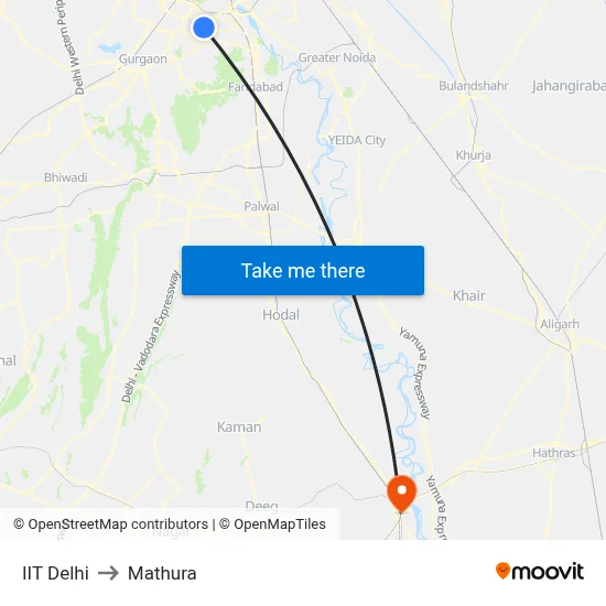 IIT Delhi to Mathura map