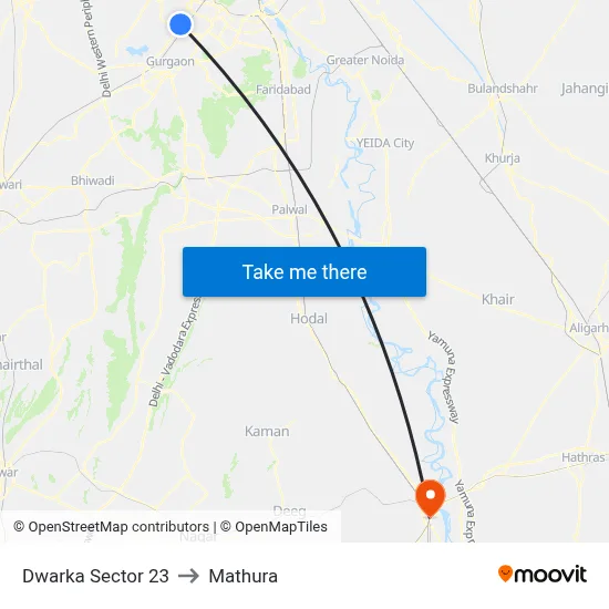 Dwarka Sector 23 to Mathura map