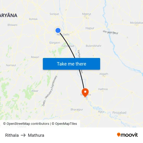 Rithala to Mathura map