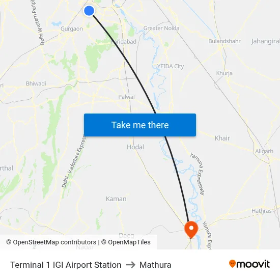 Terminal 1 IGI Airport Station to Mathura map