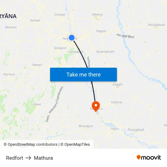 Redfort to Mathura map