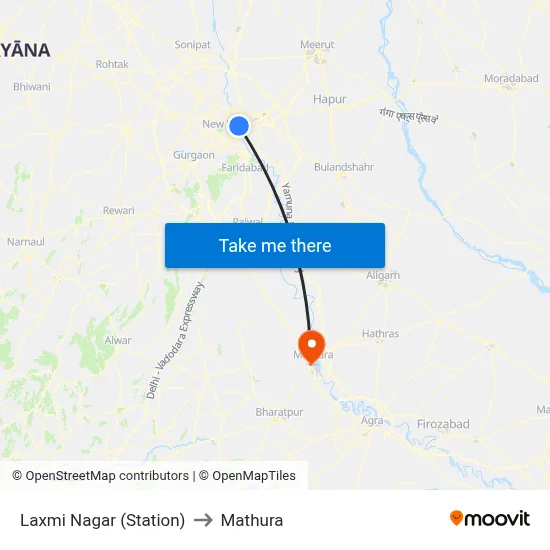 Laxmi Nagar (Station) to Mathura map