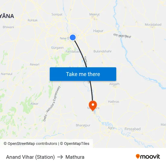 Anand Vihar (Station) to Mathura map