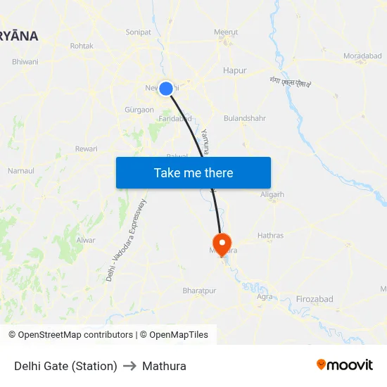 Delhi Gate (Station) to Mathura map