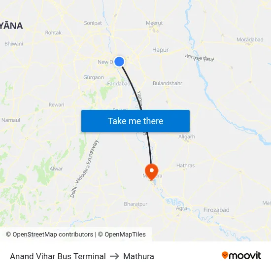 Anand Vihar Bus Terminal to Mathura map