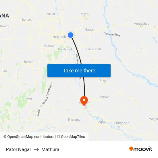 Patel Nagar to Mathura map