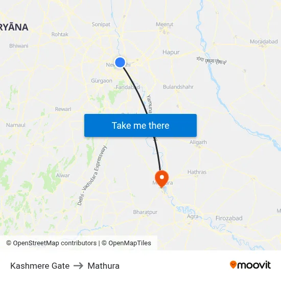 कश्मीरी गेट to मथुरा map