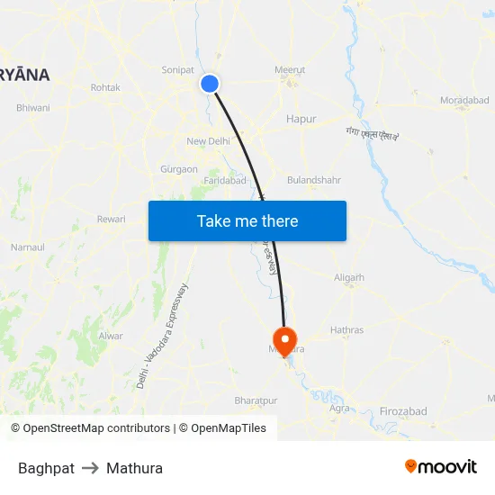 Baghpat to Mathura map