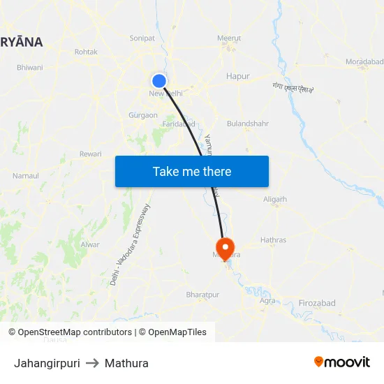 Jahangirpuri to Mathura map