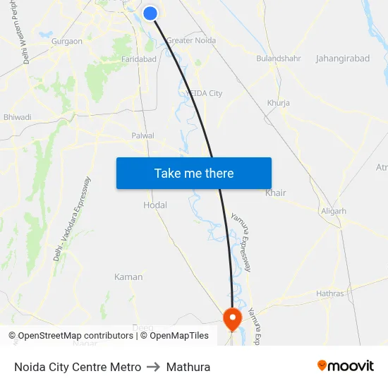 Noida City Centre Metro to Mathura map