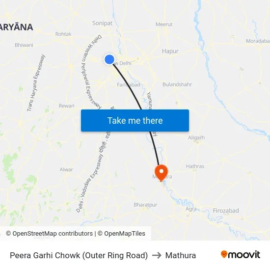 Peera Garhi Chowk (Outer Ring Road) to Mathura map
