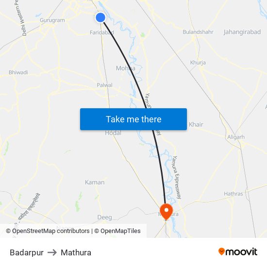 Badarpur to Mathura map