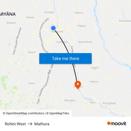 Rohini West to Mathura map