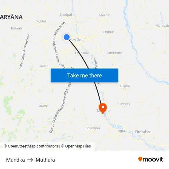 Mundka to Mathura map