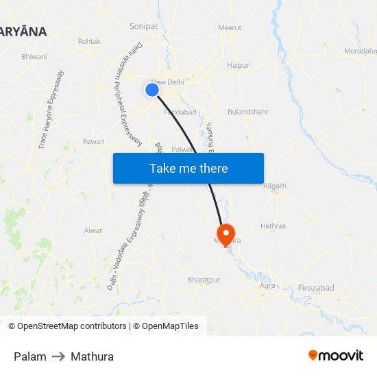 Palam to Mathura map