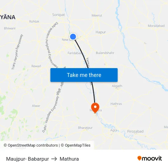 Maujpur- Babarpur to Mathura map