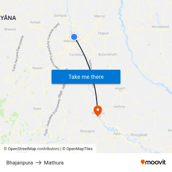 Bhajanpura to Mathura map