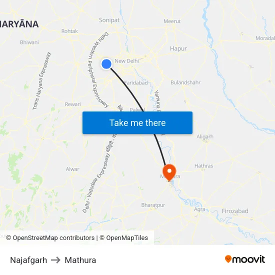 Najafgarh to Mathura map