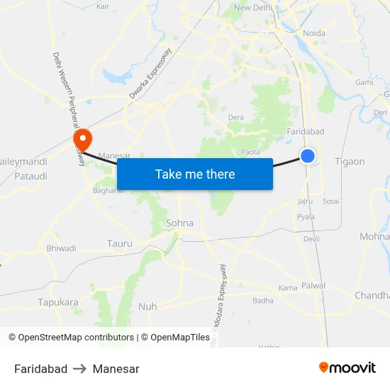 फरीदाबाद to मानेसर map