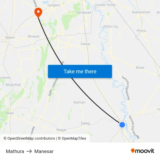 मथुरा to मानेसर map