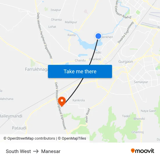 दक्षिण पश्चिम to मानेसर map
