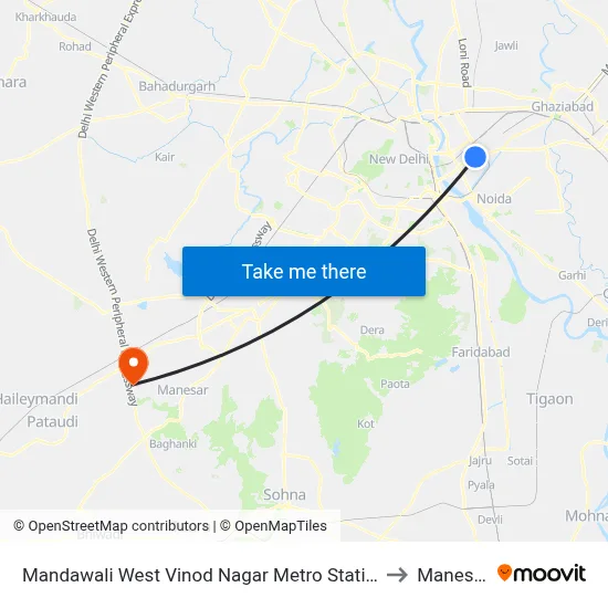 मंडावली पश्चिम विनोद नगर मेट्रो स्टेशन to मानेसर map