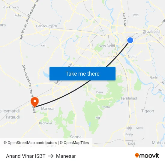 Anand Vihar ISBT to Manesar map