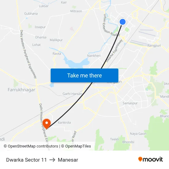 Dwarka Sector 11 to Manesar map