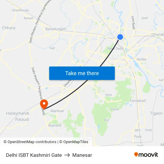 Delhi ISBT Kashmiri Gate to Manesar map