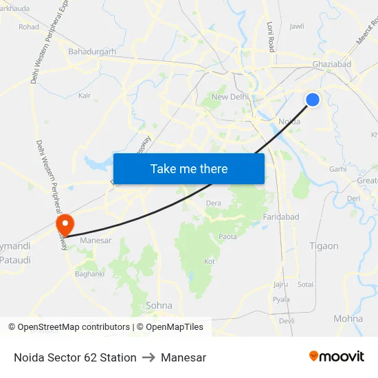 Noida Sector 62 Station to Manesar map