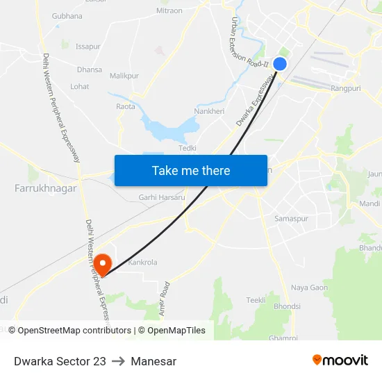 Dwarka Sector 23 to Manesar map