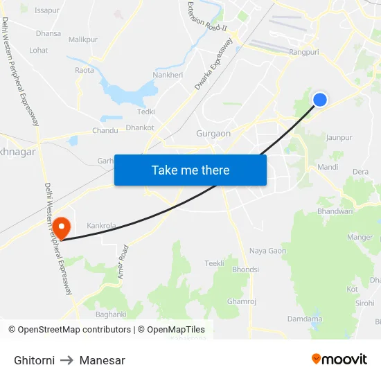 Ghitorni to Manesar map