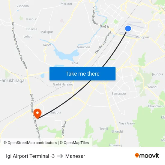 आईजीआई हवाई अड्डा टर्मिनल -3 to मानेसर map