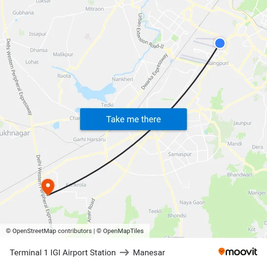 Terminal 1 IGI Airport Station to Manesar map
