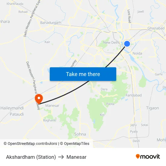 Akshardham (Station) to Manesar map
