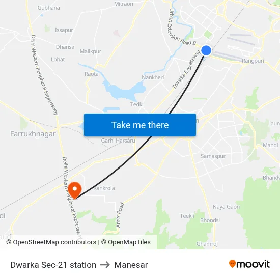 Dwarka Sec-21 station to Manesar map
