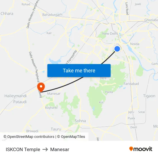 ISKCON Temple to Manesar map